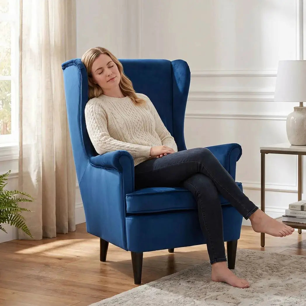 HOMCOM Modern Accent Chair with High Backrest and Pillow, Velvet-Feel Fabric Reading Chair with Solid Wood Legs, Blue - from HOMCOM