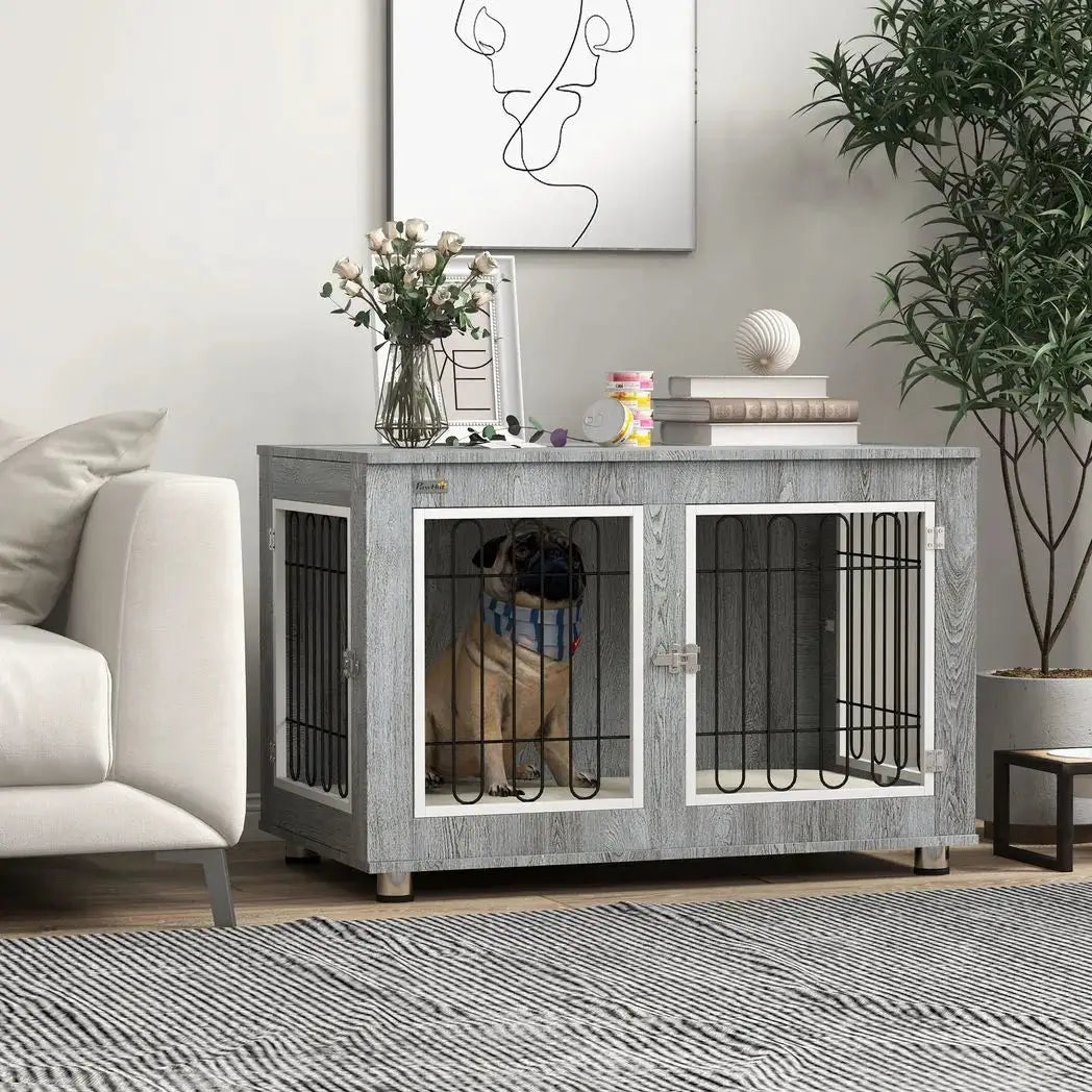 PawHut Dog Crate Furniture End Table, with Washable Cushion, Double Doors, for Medium/Large Dogs, Grey - from PawHut