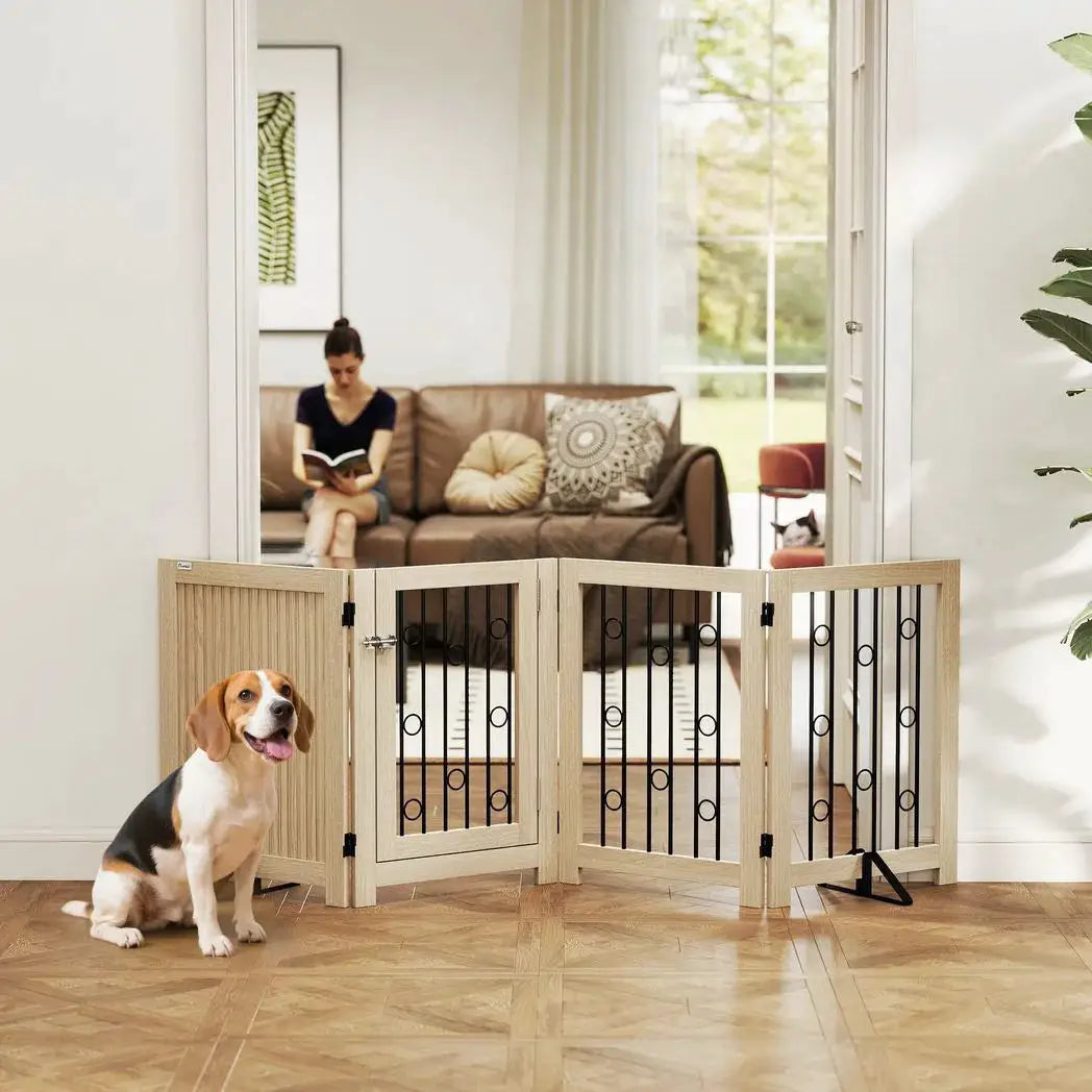 PawHut 4 Panel Freestanding Pet Gate, Indoor Dog Barrier with Lockable Door, Support Feet, 360° Flexible Hinges, Oak - from PawHut