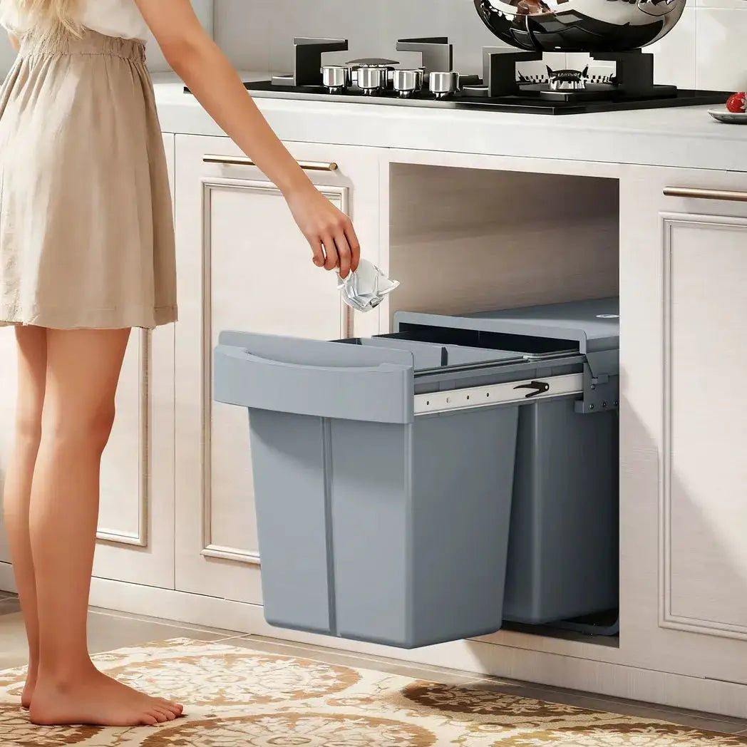 HOMCOM Pull Out Bin, Kitchen Under Sink Bin with 2 Removable Compartments, Smooth Glide, Grey - from HOMCOM