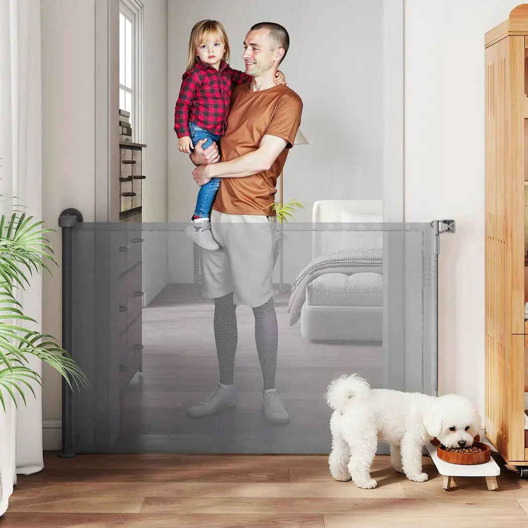PawHut Retractable Dog Gate, Extends to 140 cm Wide & 93 cm Tall, Mesh Pet Gate with Single Hand Operation, for Stairs Doorways - from PawHut