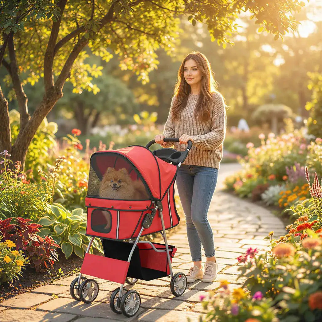 PawHut Dog Pram, Pet Stroller with Reflective Strips, Foldable Cat Stroller with 360° Swivel Wheels, Red - from PawHut