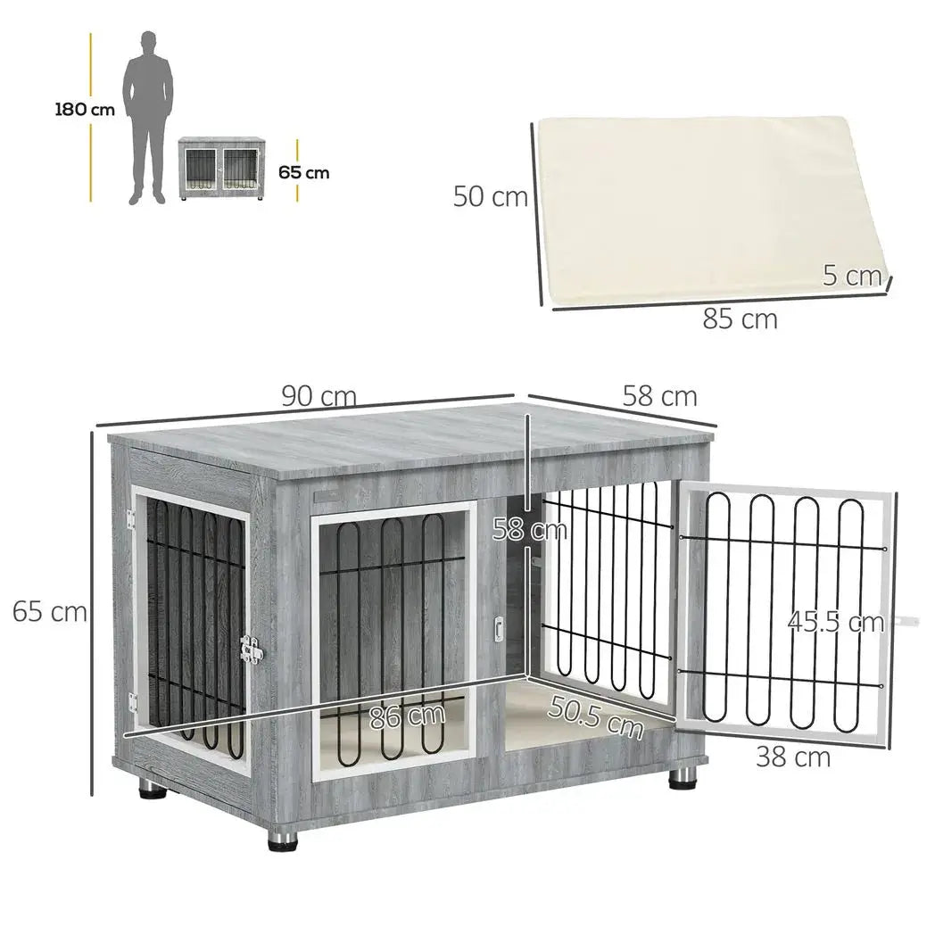 PawHut Dog Crate Furniture End Table, with Washable Cushion, Double Doors, for Medium/Large Dogs, Grey - from PawHut
