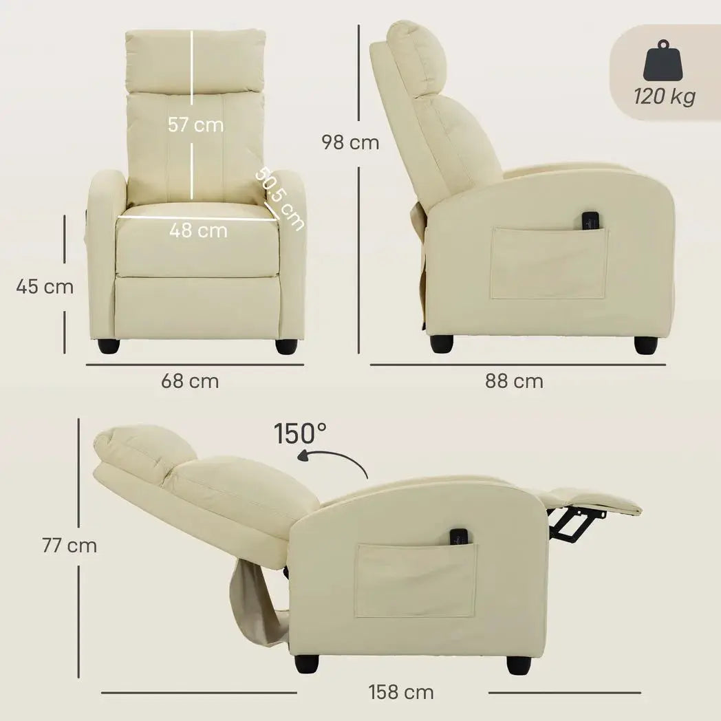 HOMCOM Recliner Armchair, Massage Faux Leather Push Back Reclining Chair with Adjustable Leg Rest, Side Pocket, Cream White - from HOMCOM