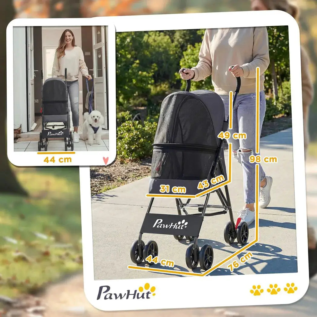 PawHut Dog Stroller, Foldable Cat Dog Pram for Miniature Breeds, Pet Stroller with Brake, Mesh Windows, Dark Grey - from PawHut