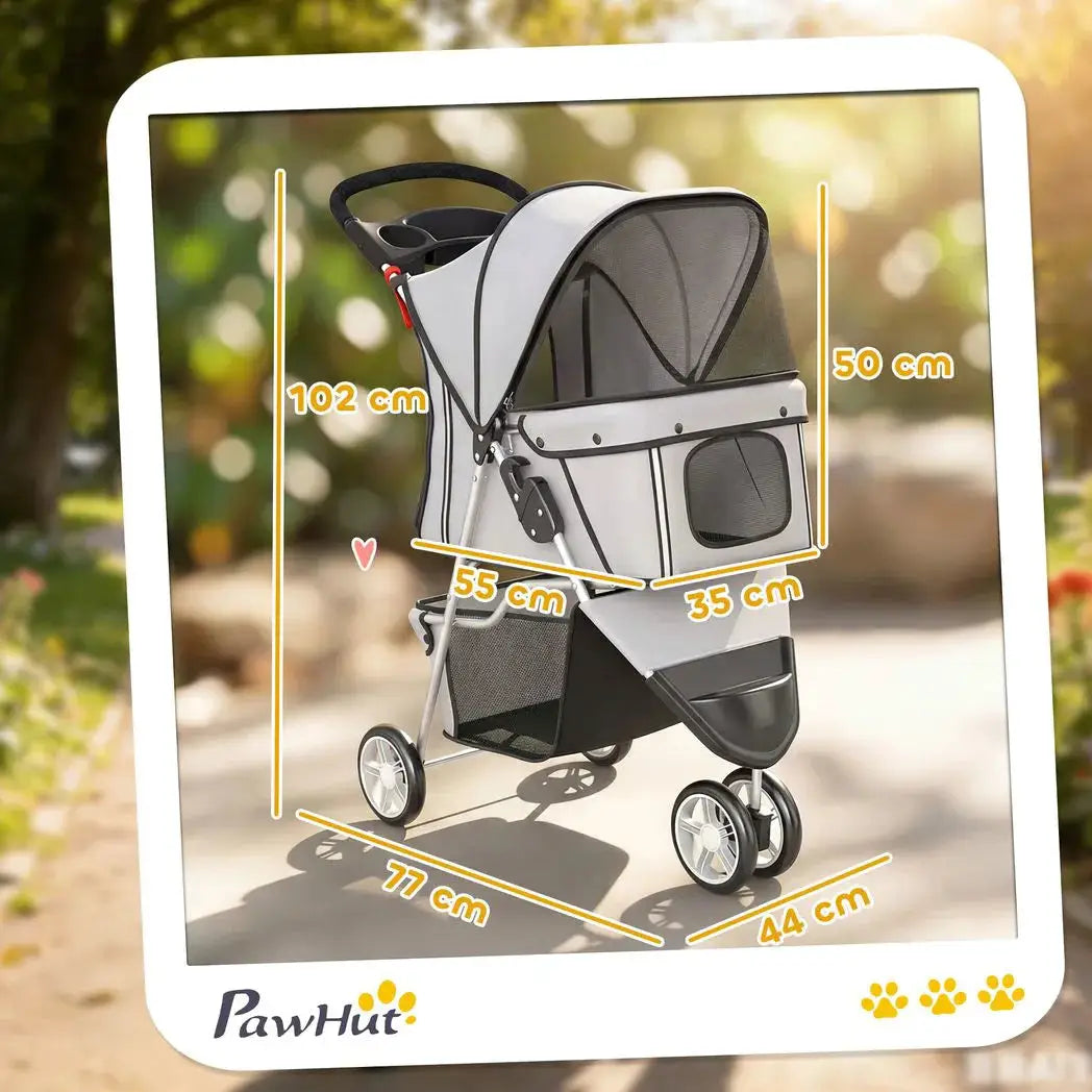 PawHut Dog Stroller, 3 Wheels Foldable Pet Stroller with Adjustable Canopy, Storage Basket for Small Mini Breeds, Grey - from PawHut