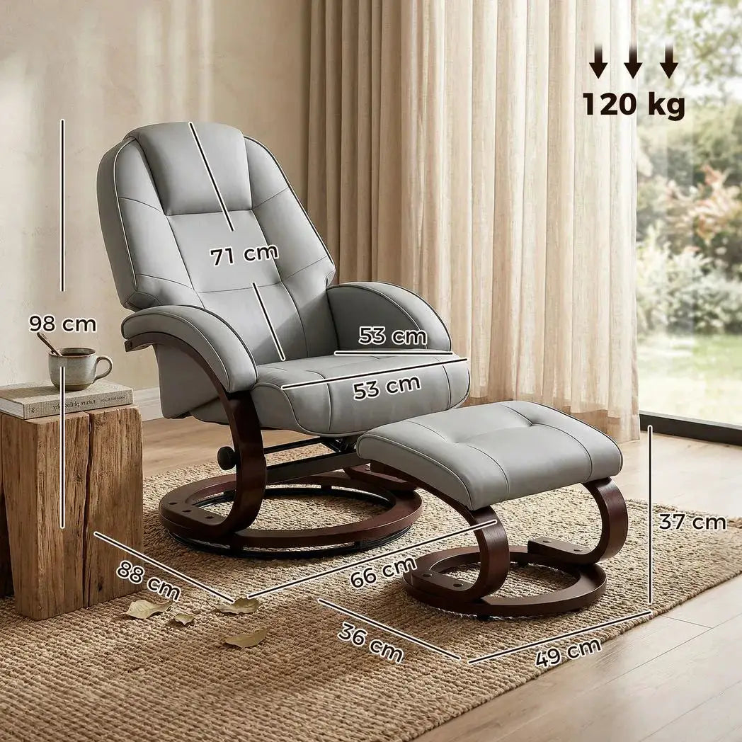 HOMCOM Swivel Recliner Chair with Footstool, PU Leather Recliner Armchair with Adjustable Back and Wood Frame, Grey - from HOMCOM