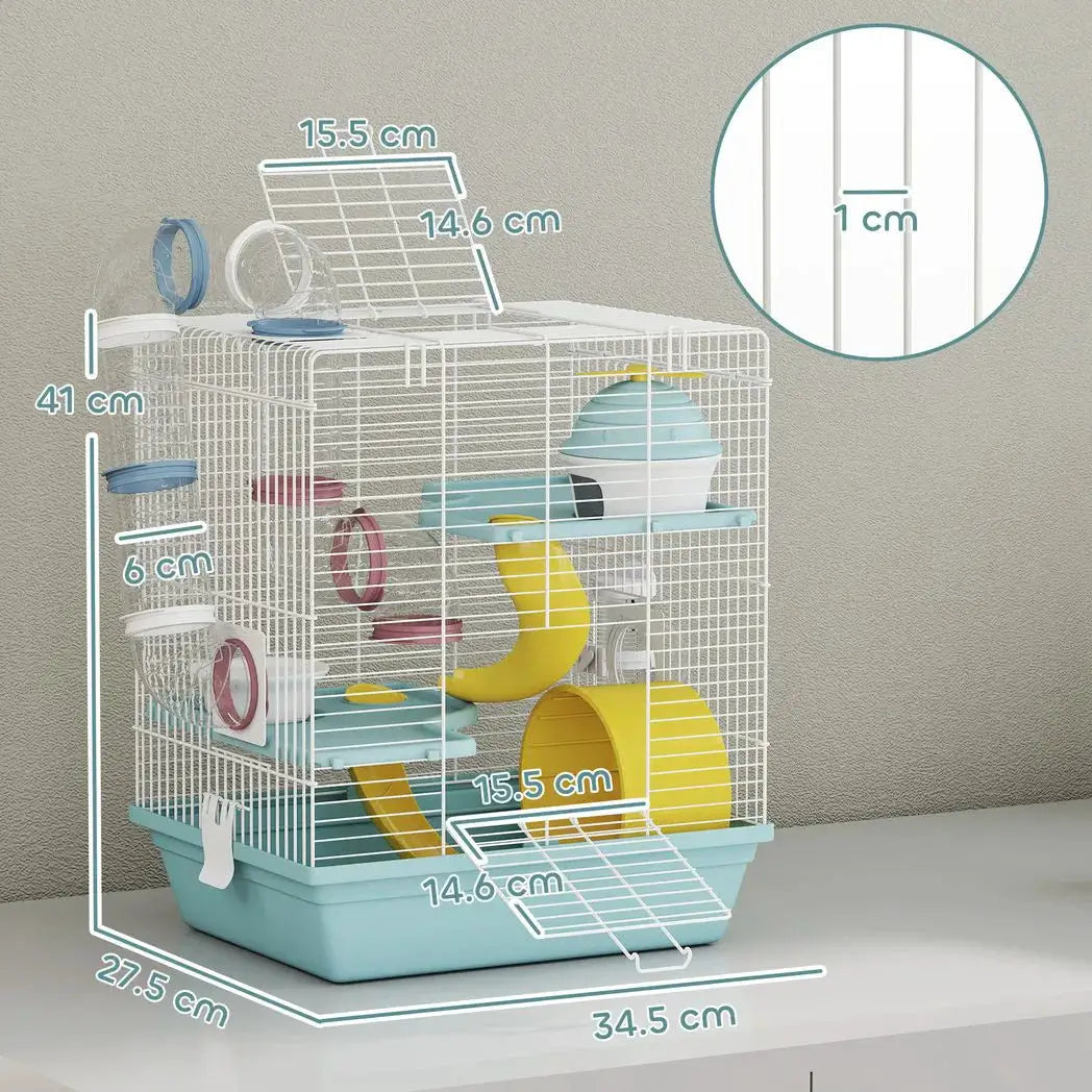 PawHut 3-Level Hamster Cage with Exercise Wheel, Water Bottle, Food Bowl, for Dwarf Hamsters, 34.5 x 27.5 x 41 cm, Blue - from PawHut