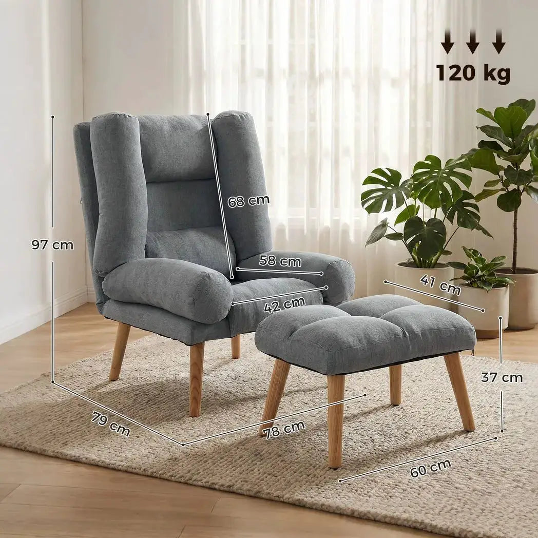 HOMCOM Recliner Chair with Footstool, Recliner Armchair with Adjustable Backrest, Thick Cushion and Wooden Legs, Grey - from HOMCOM