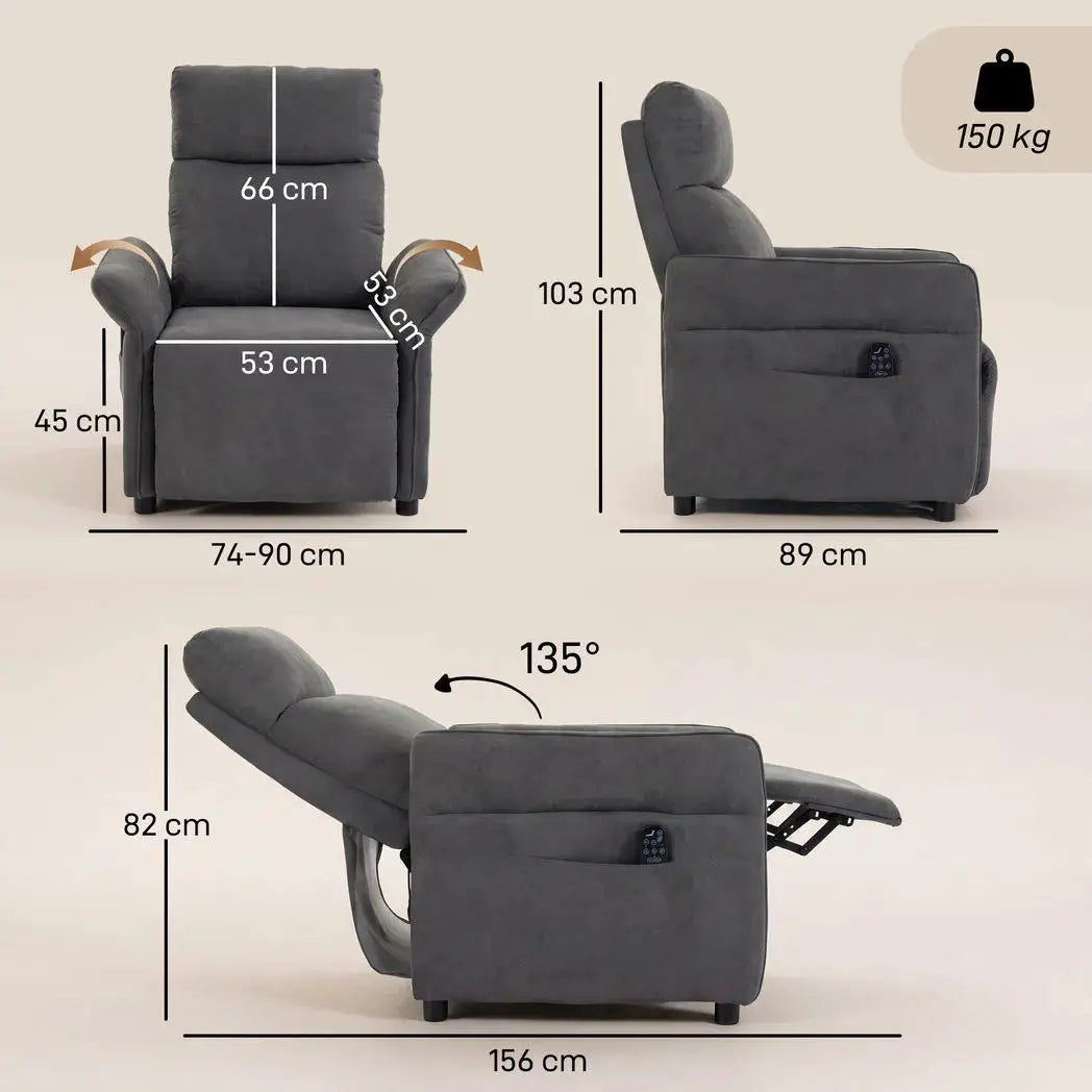 HOMCOM Recliner Armchair, Push Back Recliner Chair with Massage & Heat, Adjustable Armrests, Dual Side Pockets, Dark Grey - from HOMCOM