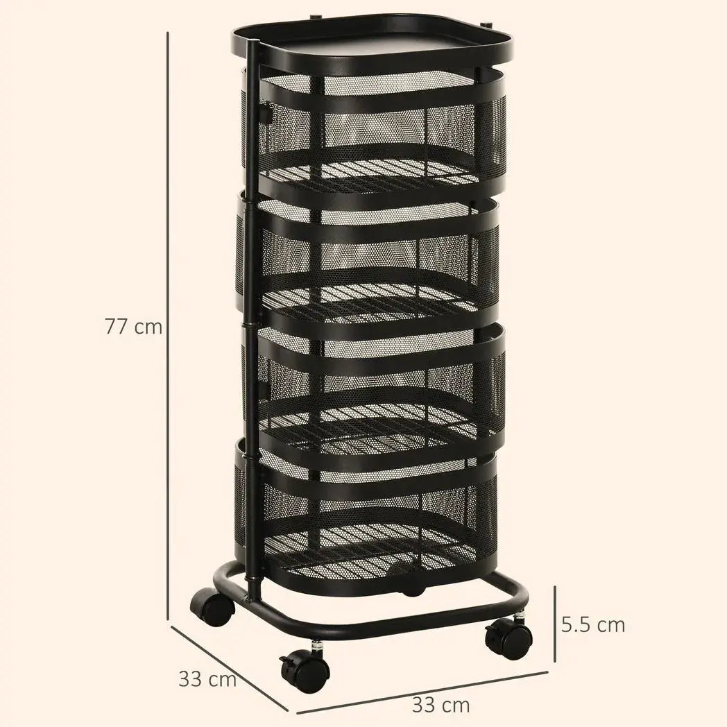 HOMCOM Metal Storage Cart, 4-Tier Storage Trolley on Wheels with 4 Mesh Baskets and Top Tray, Black - from HOMCOM