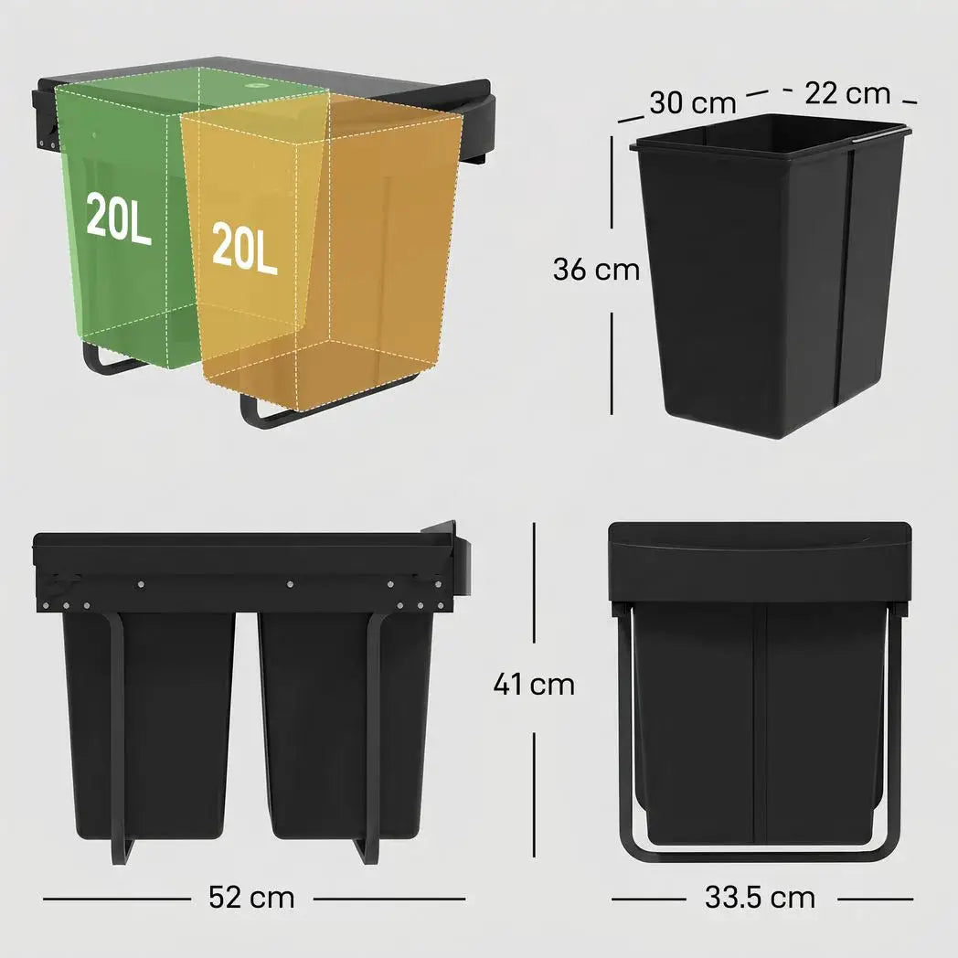 HOMCOM Pull Out Bin, Kitchen Under Sink Bin with 2 Removable Compartments, Smooth Glide, Black - from HOMCOM