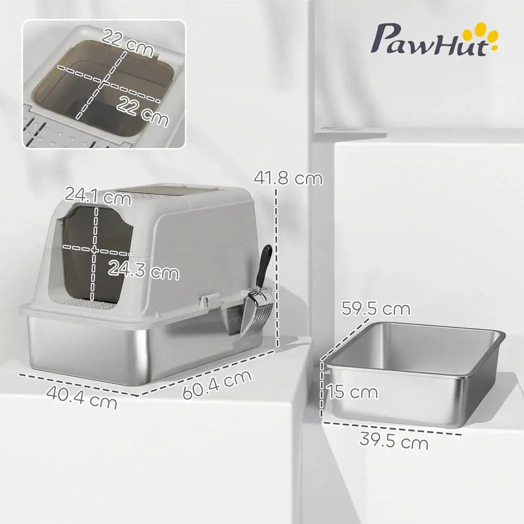 PawHut Extra Large Stainless Steel Litter Box, Enclosed Cat Litter Tray with Scoop, Deodorizer Bag, Front-Entry and Top-Exit - from PawHut