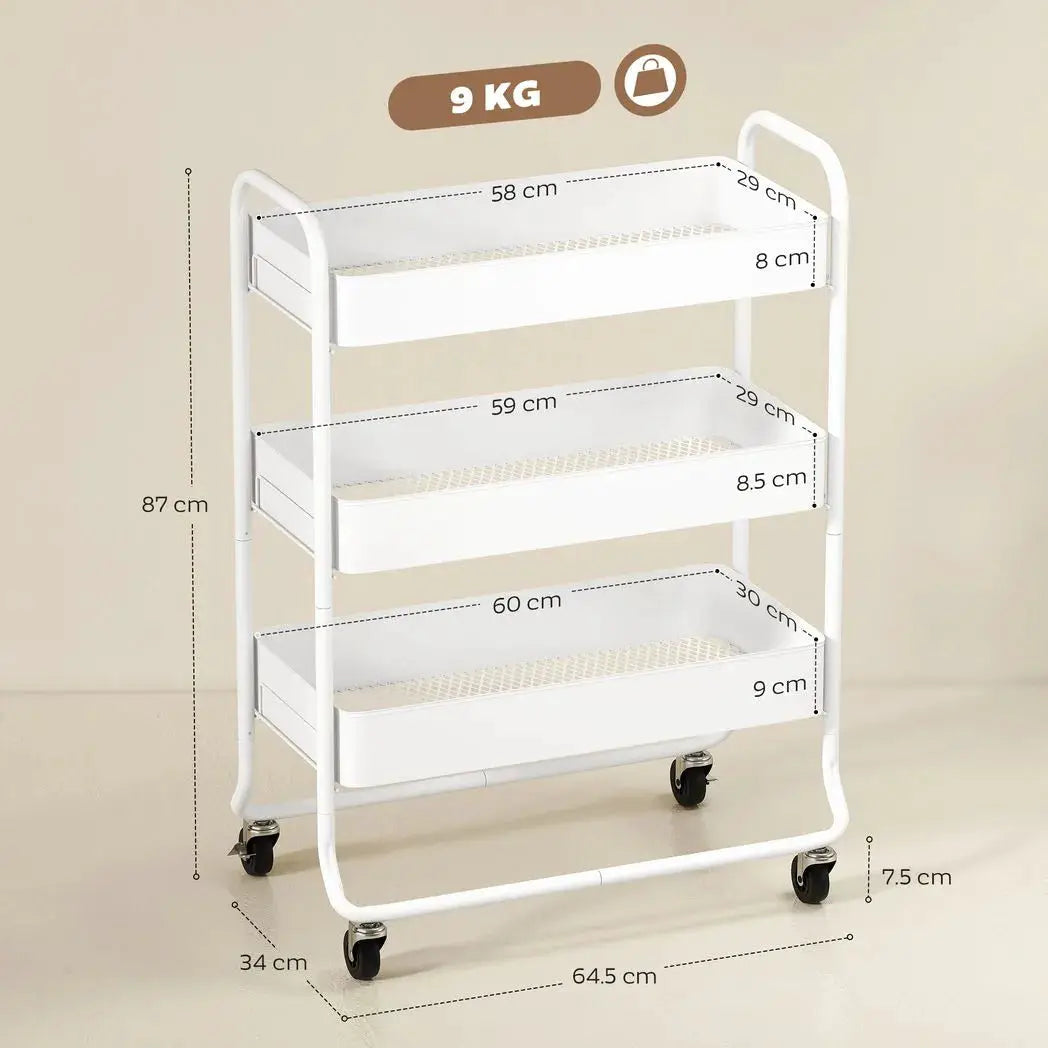 HOMCOM 3-Tier Storage Trolley on Wheels, Rolling Utility Cart with Mesh Backets for Kitchen, Bathroom, Bedroom, White - from HOMCOM