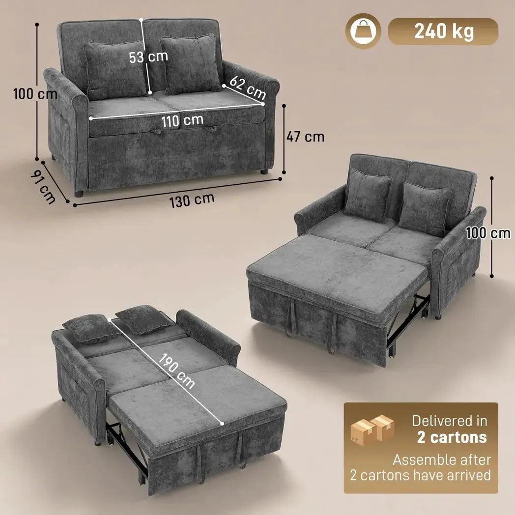 HOMCOM 2 Seater Sofa Bed 3-in-1 Convertible Chenille Pull Out Sleeper Sofa with 5-Position Adjustable Backrest, Grey - from HOMCOM