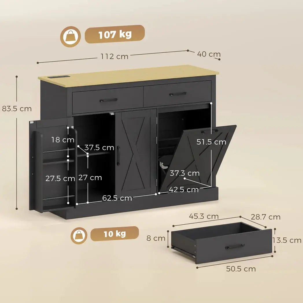 HOMCOM Tilt Out Trash Cabinet with Charging Station, Kitchen Island with Storage, 57 Liter Hidden Rubbish Bin Storage, Black - from HOMCOM
