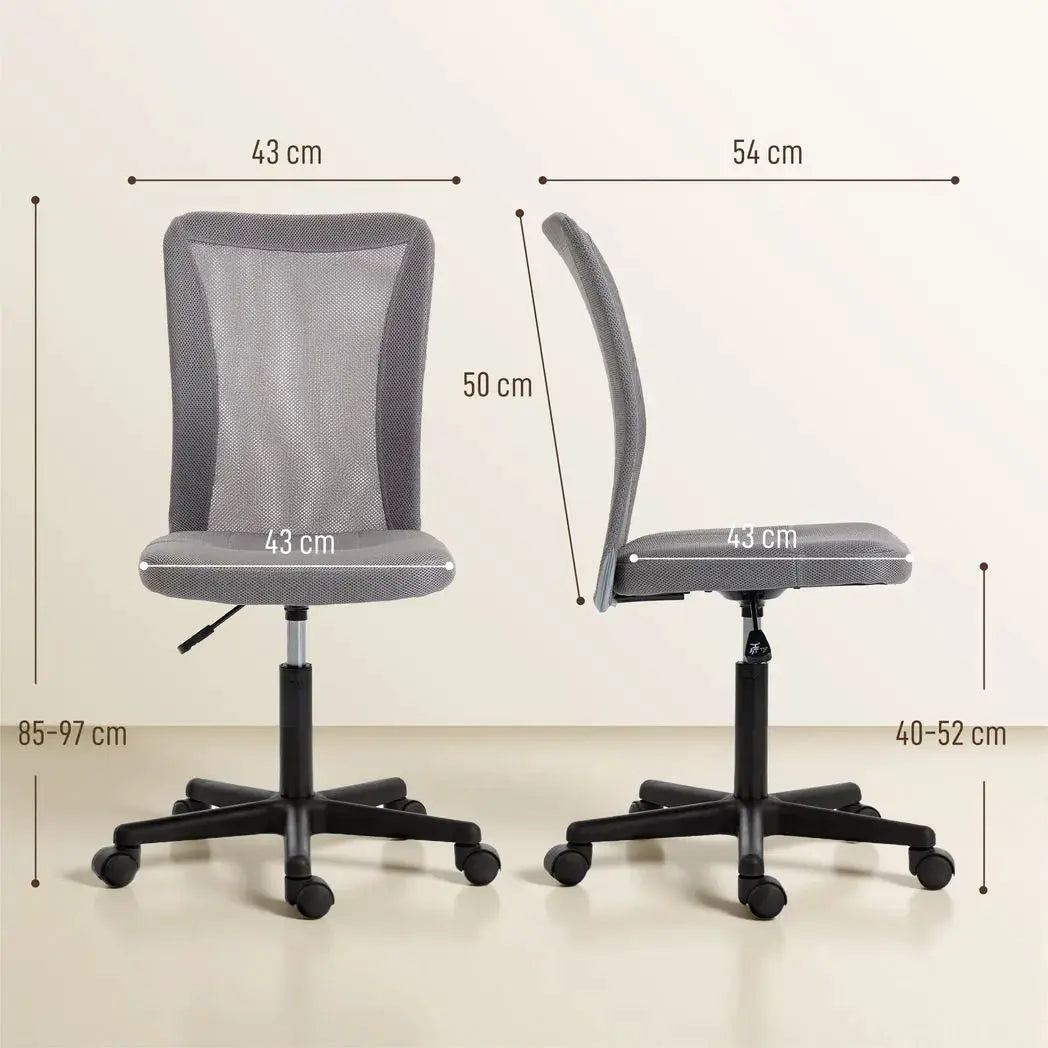 Vinsetto Computer Desk Chair, Mesh Office Chair with Adjustable Height and Swivel Wheels, Armless Study Chair, Grey - from Vinsetto