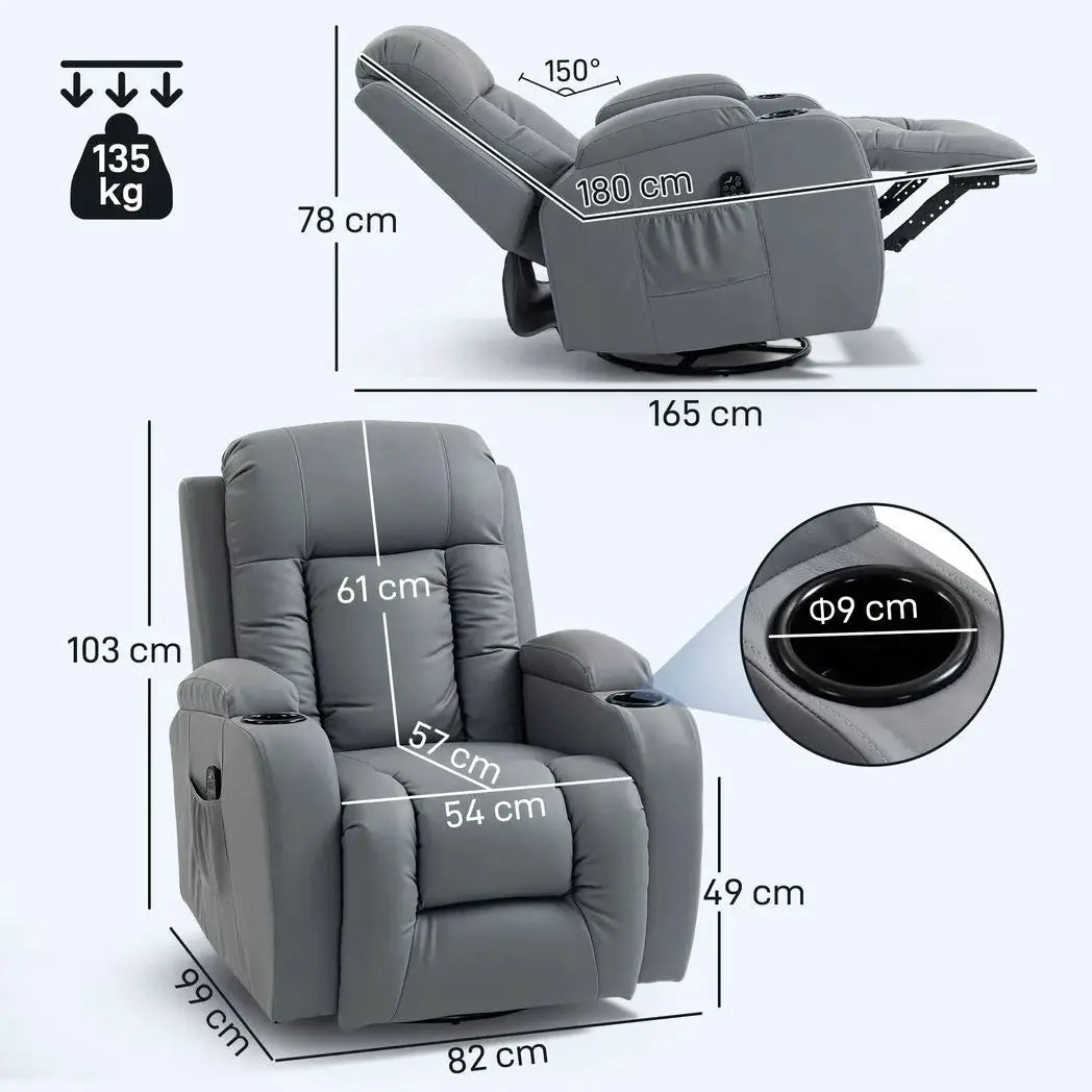 HOMCOM Massage Recliner Armchair, PU Leather Recliner Chair, Grey - from HOMCOM
