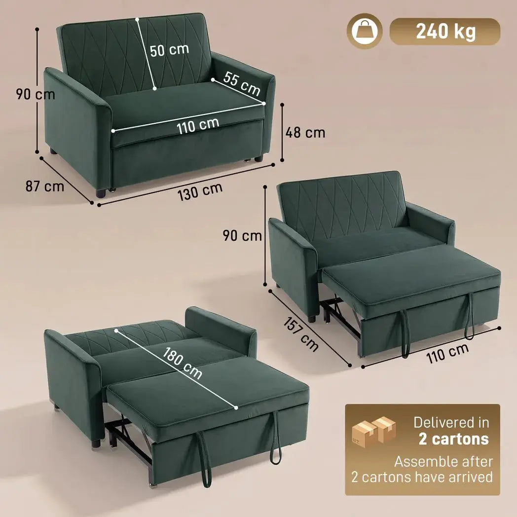 HOMCOM 2 Seater Sofa Bed, 3-in-1 Convertible Pull Out Sleeper Sofa with Click-Clack Adjustable Backrest, Dark Green - from HOMCOM