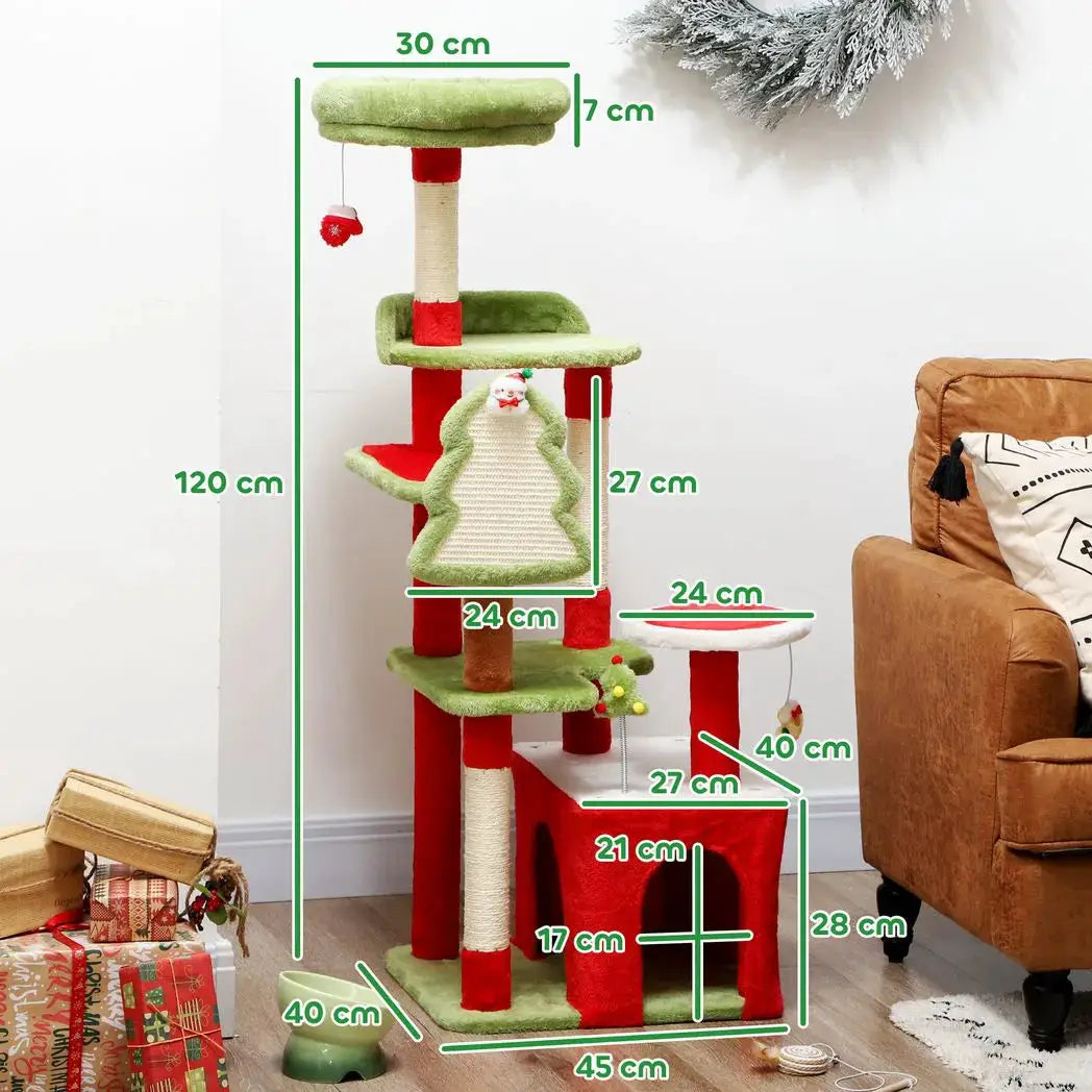 PawHut Cat Tree, 120cm Christmas Cat Tower with 3 Scratching Posts, Scratching Board, 2 Perches, Platforms, Toys, Green - from PawHut