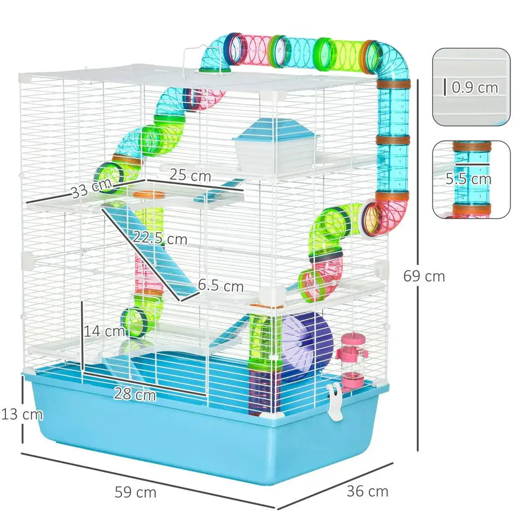 PawHut Hamster Cage w/ Water Bottle, Exercise Wheel, Tubes, Ramps - Light Blue - from PawHut