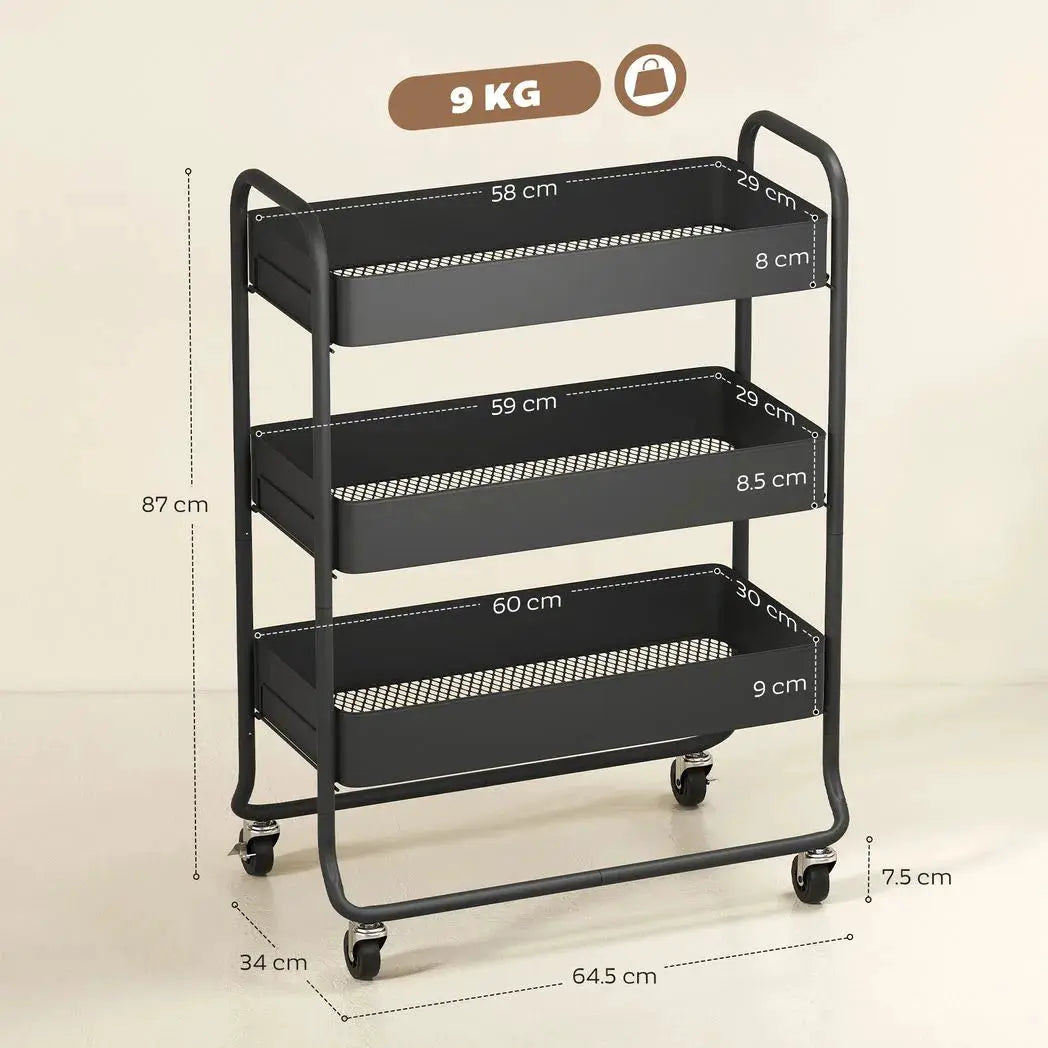 HOMCOM 3-Tier Storage Trolley on Wheels, Rolling Utility Cart with Mesh Backets for Kitchen, Bathroom, Bedroom, Black - from HOMCOM