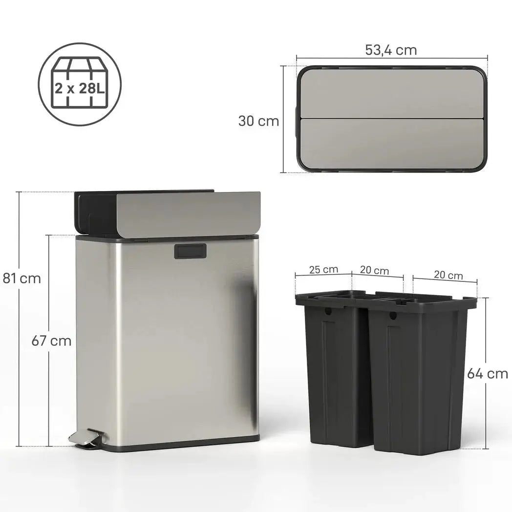 HOMCOM Dual Kitchen Bin with Soft-Close Butterfly Lid, 2 x 28L Stainless Steel Pedal Bin with Removable Inner Buckets, Fingerprint-Proof for Recycling and Waste, Silver Tone - from HOMCOM