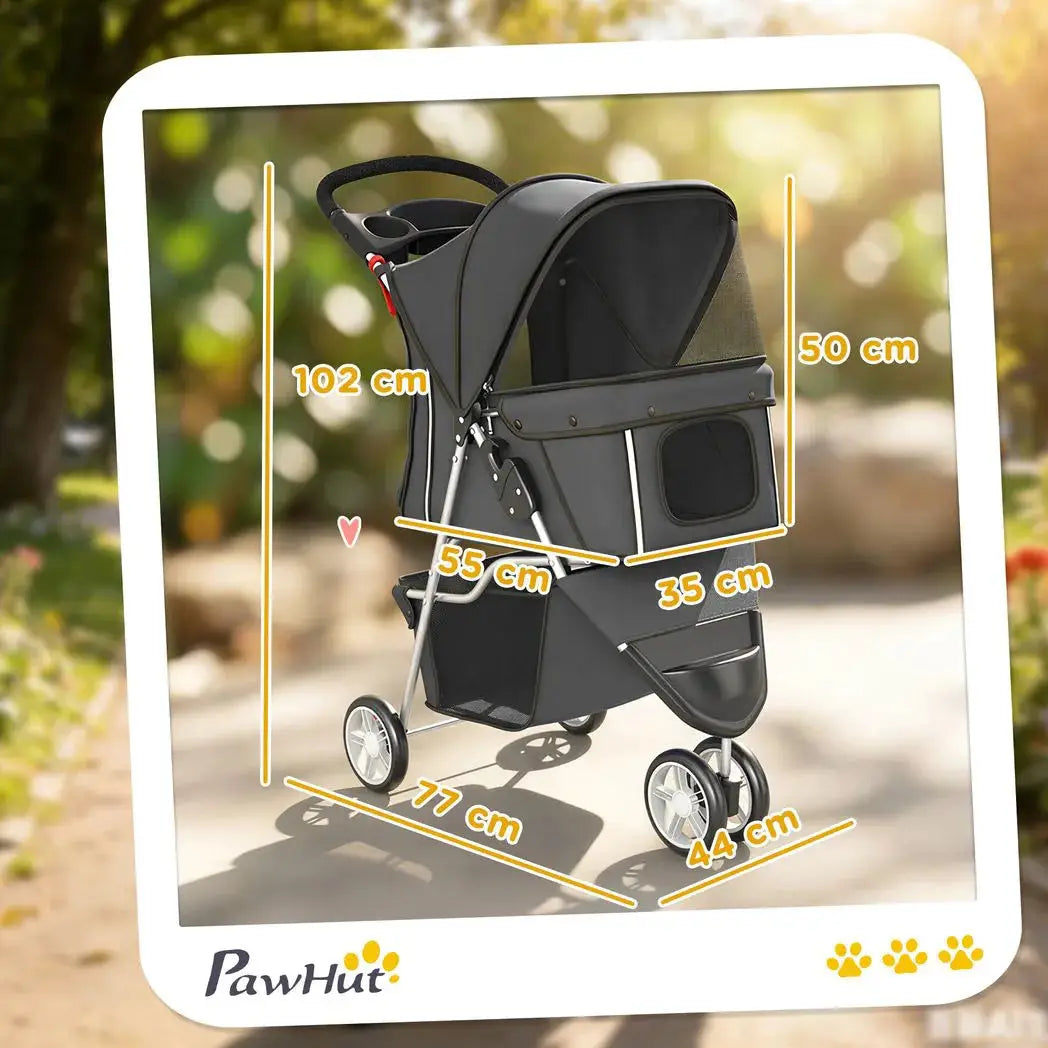 PawHut Dog Stroller, 3 Wheels Foldable Pet Stroller with Adjustable Canopy, Storage Basket for Small Mini Breeds, Dark Grey - from PawHut