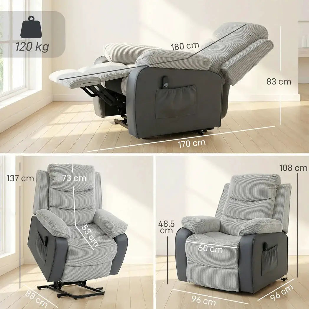 HOMCOM Power Lift Chair for Elderly, Corduroy Recliner with Wide Seat, High Back, USB Port, Side Pockets, Light Grey - from HOMCOM