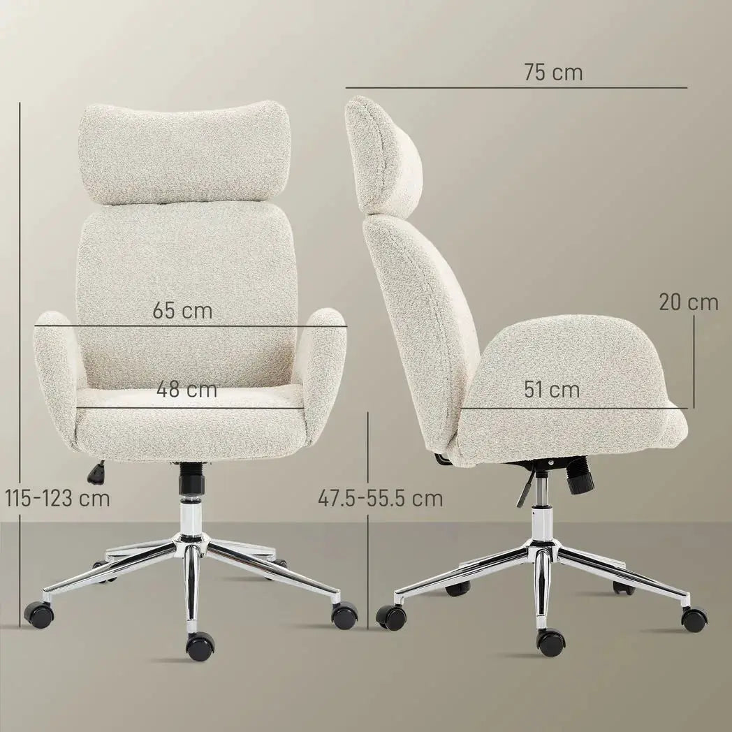 HOMCOM Office Chair with Adjustable Headrest, Spring Pack, Curved Line, Boucle Fabric - Pale Grey - from HOMCOM