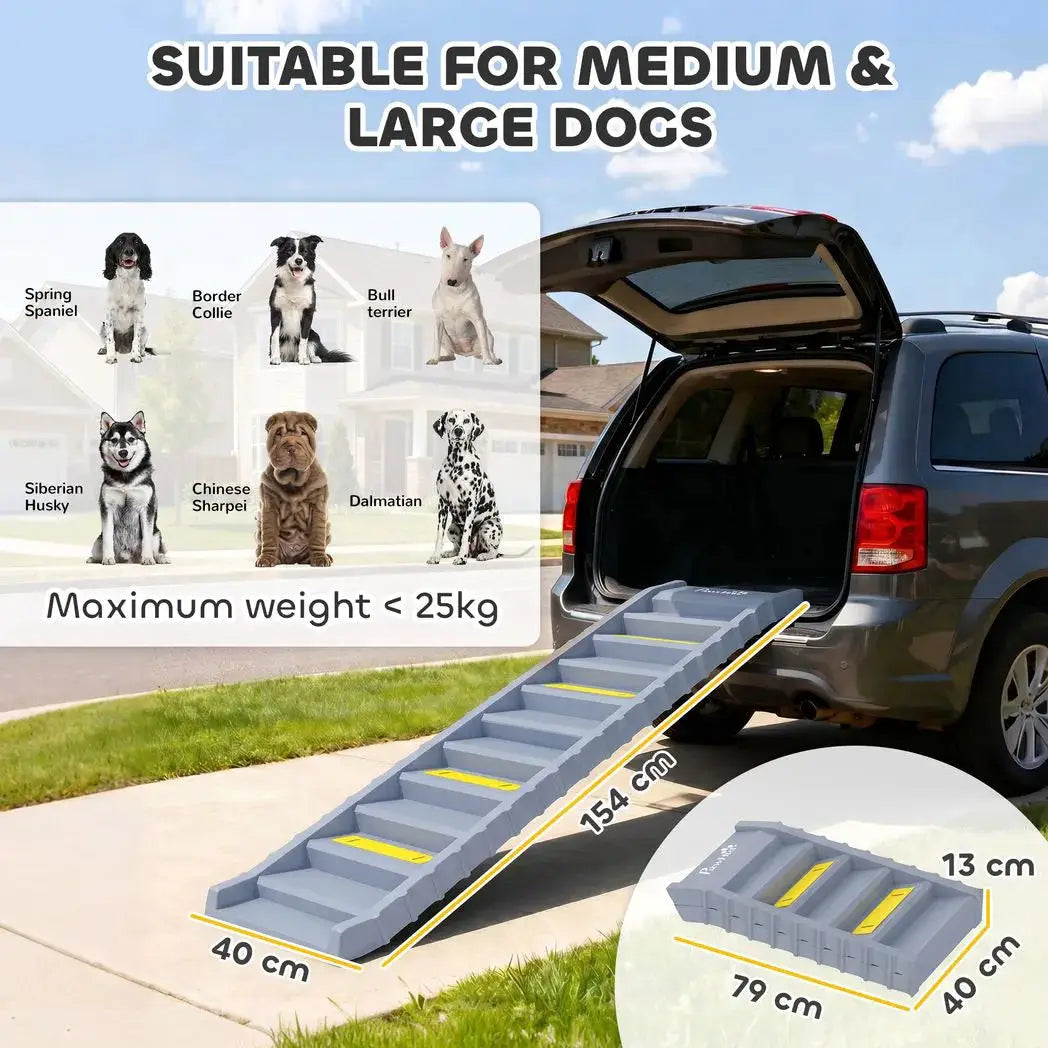 Dog Car Ramp 25kg, 10 Non Slip Steps and Plastic Frame for Cars, Grey