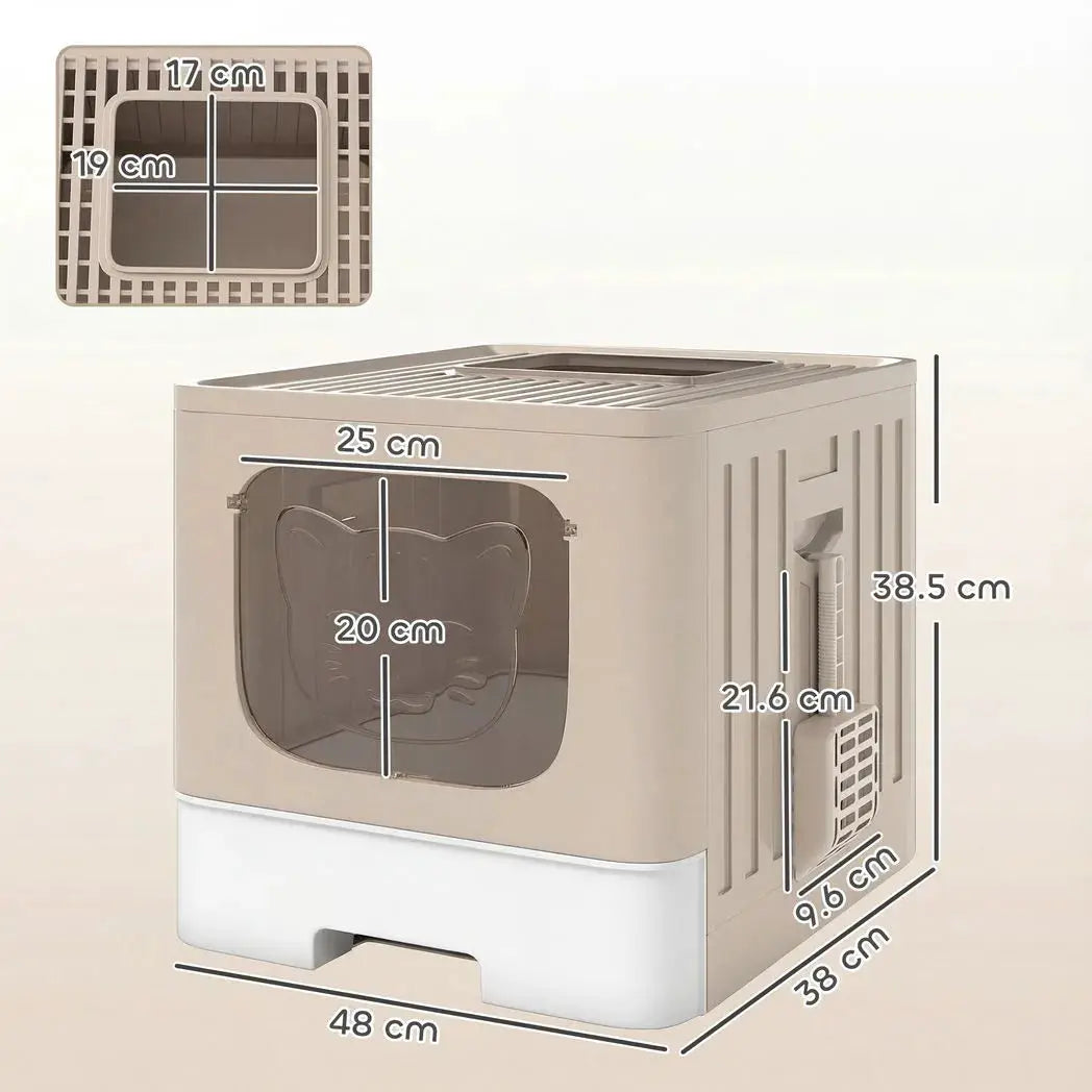 PawHut Cat Litter Box with Lid, Slide-Out Drawer, Scoop, Easy Clean, Odour Control, Anti-Splashing, Khaki - from PawHut