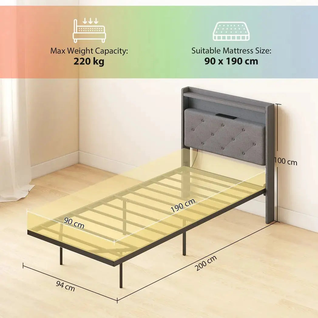 HOMCOM Floating Bed Frame, Upholstered 3ft Single Size Bed, Platform Bed with RGB LED Lights and Charging Station, Grey - from HOMCOM