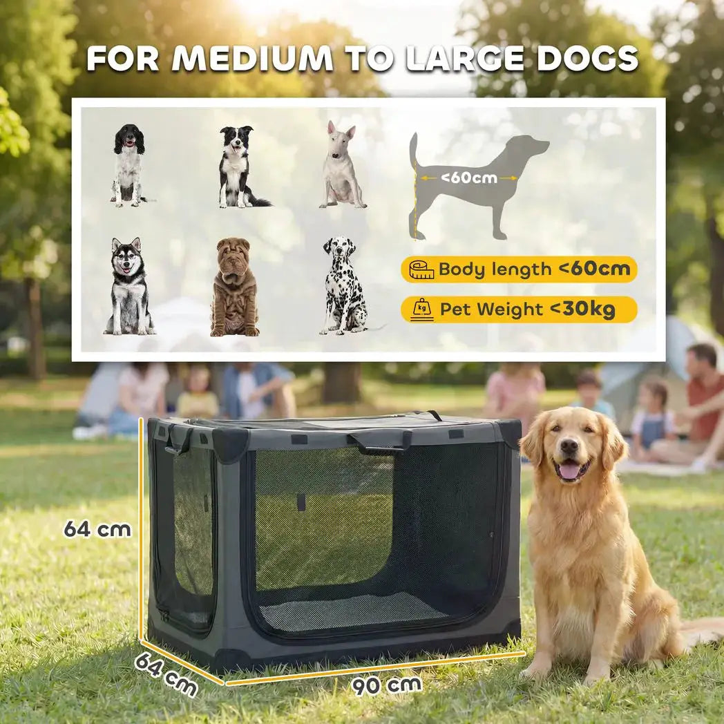 PawHut Soft Dog Crate Pet Travel Crate 90 x 64 x 64 cm with Removable Pad Mesh Window Army Green - from PawHut