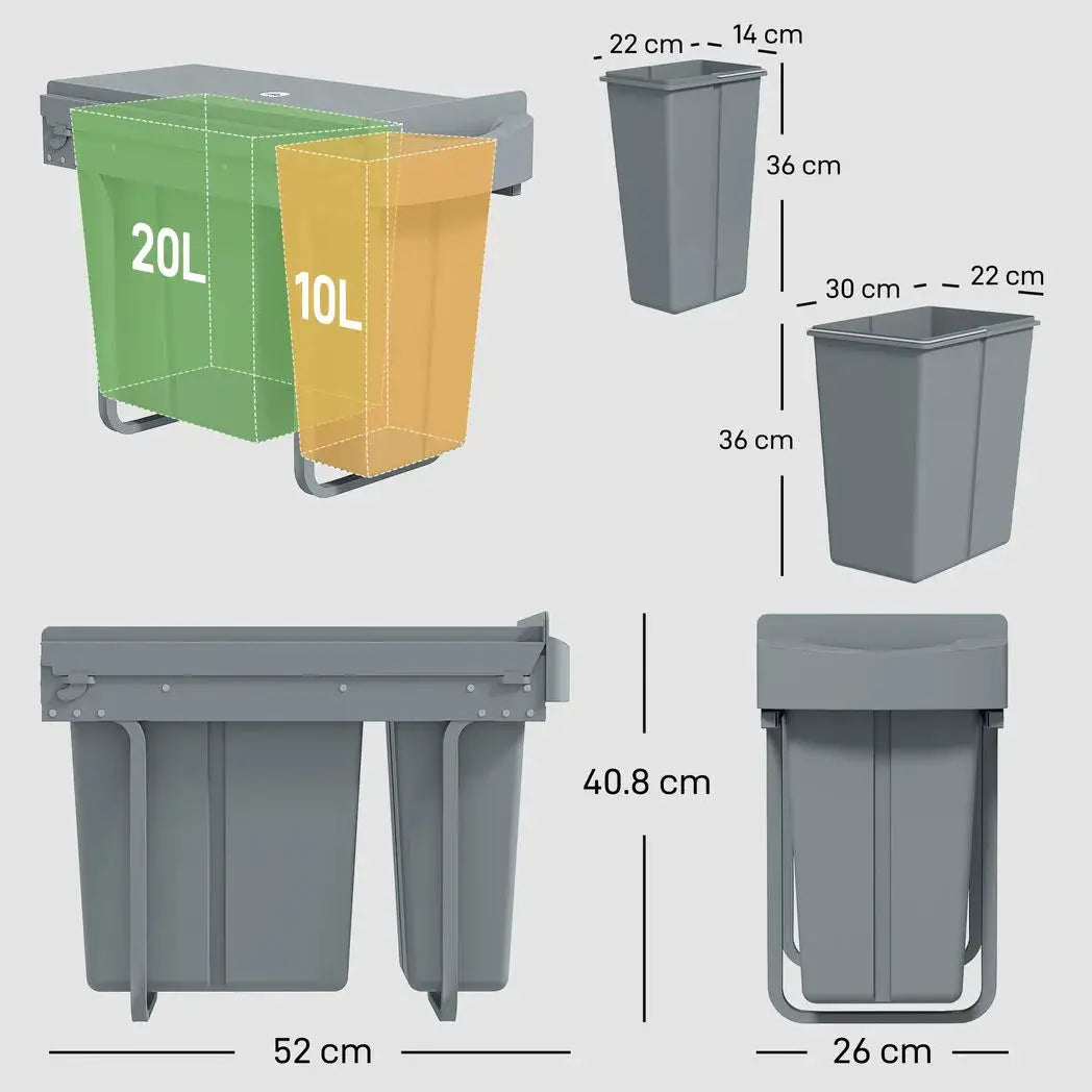 HOMCOM 2 Removable Recycling, ContaineUnder-Sink Kitchen Trash Bin, Smooth Slide, Handle, Diamond Pattern Lid, Grey - from HOMCOM