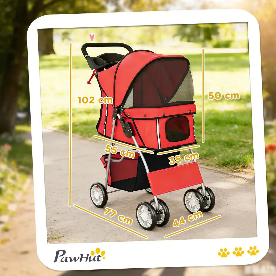 PawHut Dog Pram, Pet Stroller with Reflective Strips, Foldable Cat Stroller with 360° Swivel Wheels, Red - from PawHut