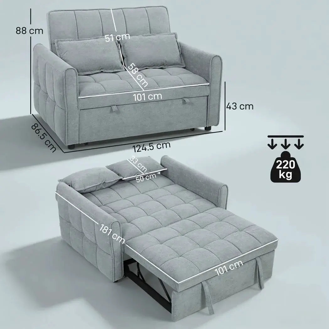 HOMCOM 2 Seater Sofa Bed, 3-in-1 Convertible Sleeper Sofa with Click-clack Adjustable Backrest and 2 Pillows, Grey - from HOMCOM
