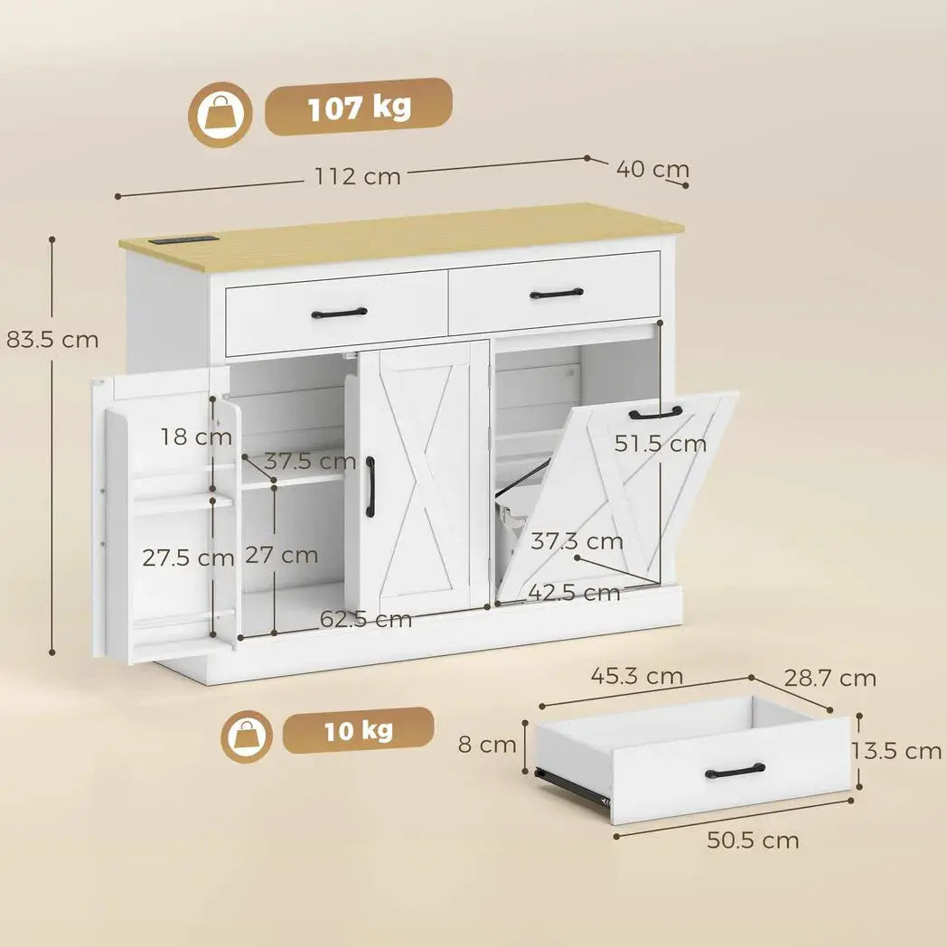 HOMCOM Tilt Out Trash Cabinet with Charging Station, Kitchen Island with Storage, 57 Liter Hidden Rubbish Bin Storage, White - from HOMCOM