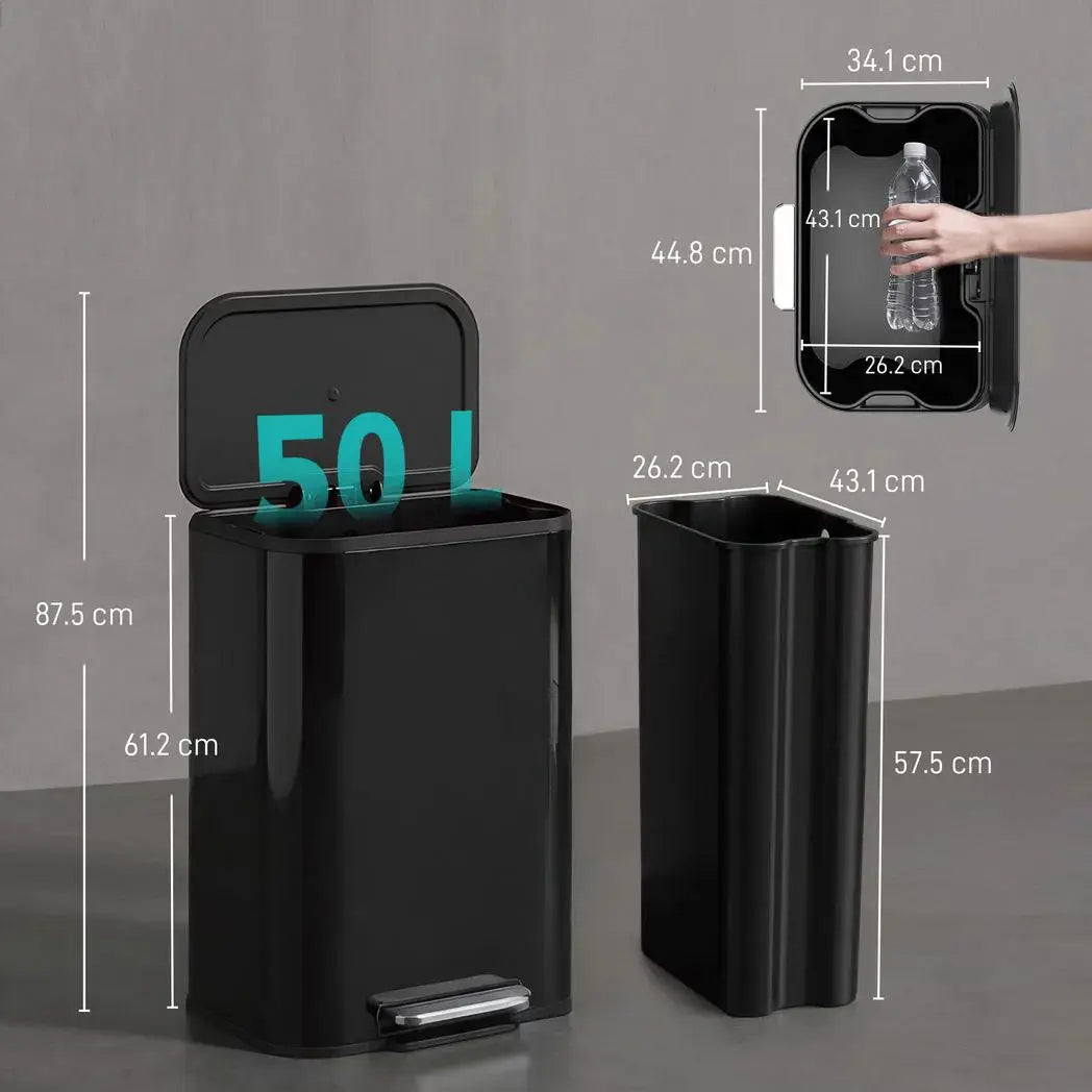 HOMCOM 50L Kitchen Bin, Metal Pedal Rubbish Bin with Soft Close and Stay-Open Lid, Removable Inner Bucket, High Gloss Black - from HOMCOM