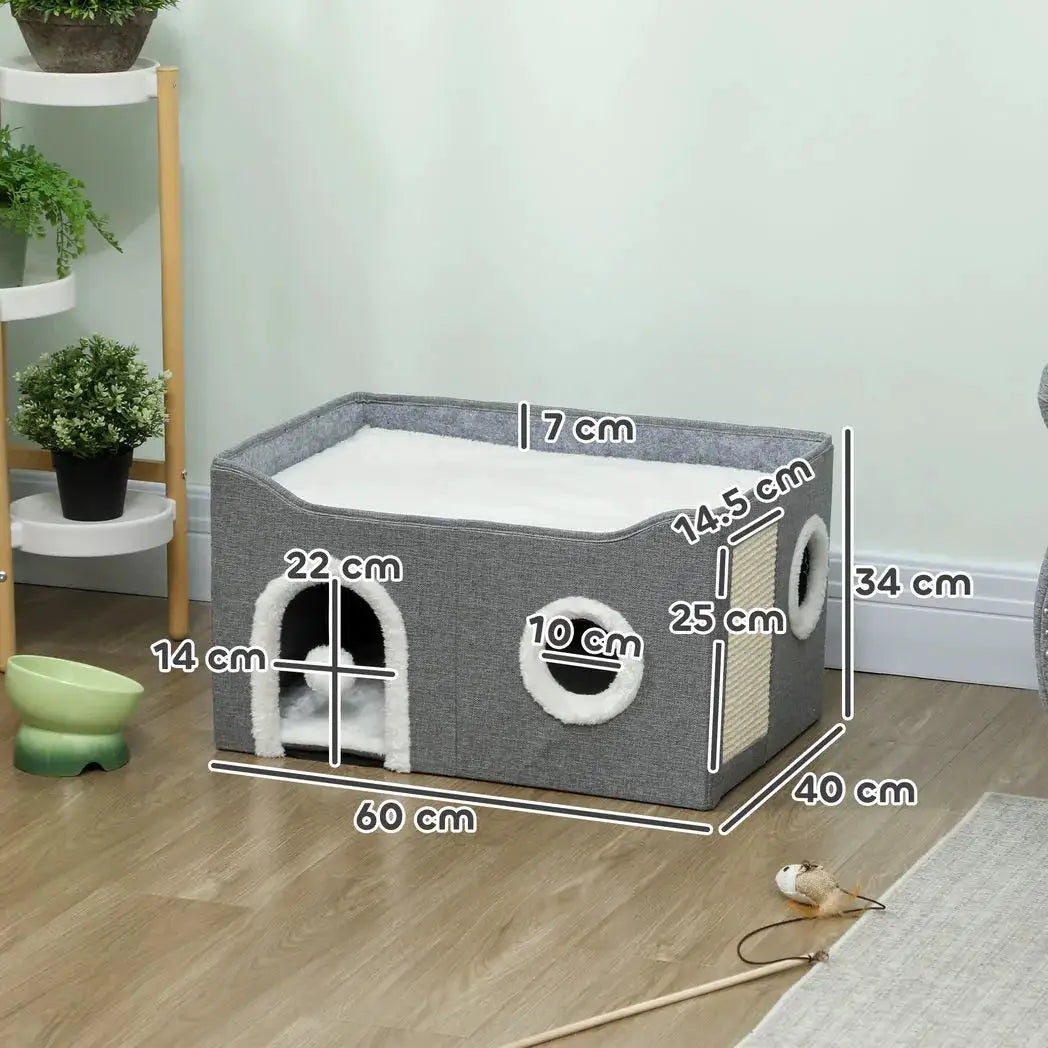 PawHut Cat Bed for Indoor Pets, Foldable Cat House with Fluffy Ball and Scratch Pad for Small and Medium Pets, Grey - from PawHut
