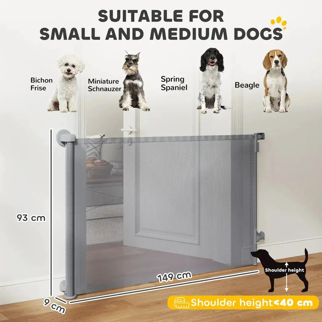 PawHut Retractable Dog Gate, Extends to 140 cm Wide & 93 cm Tall, Mesh Pet Gate with Single Hand Operation, for Stairs Doorways - from PawHut