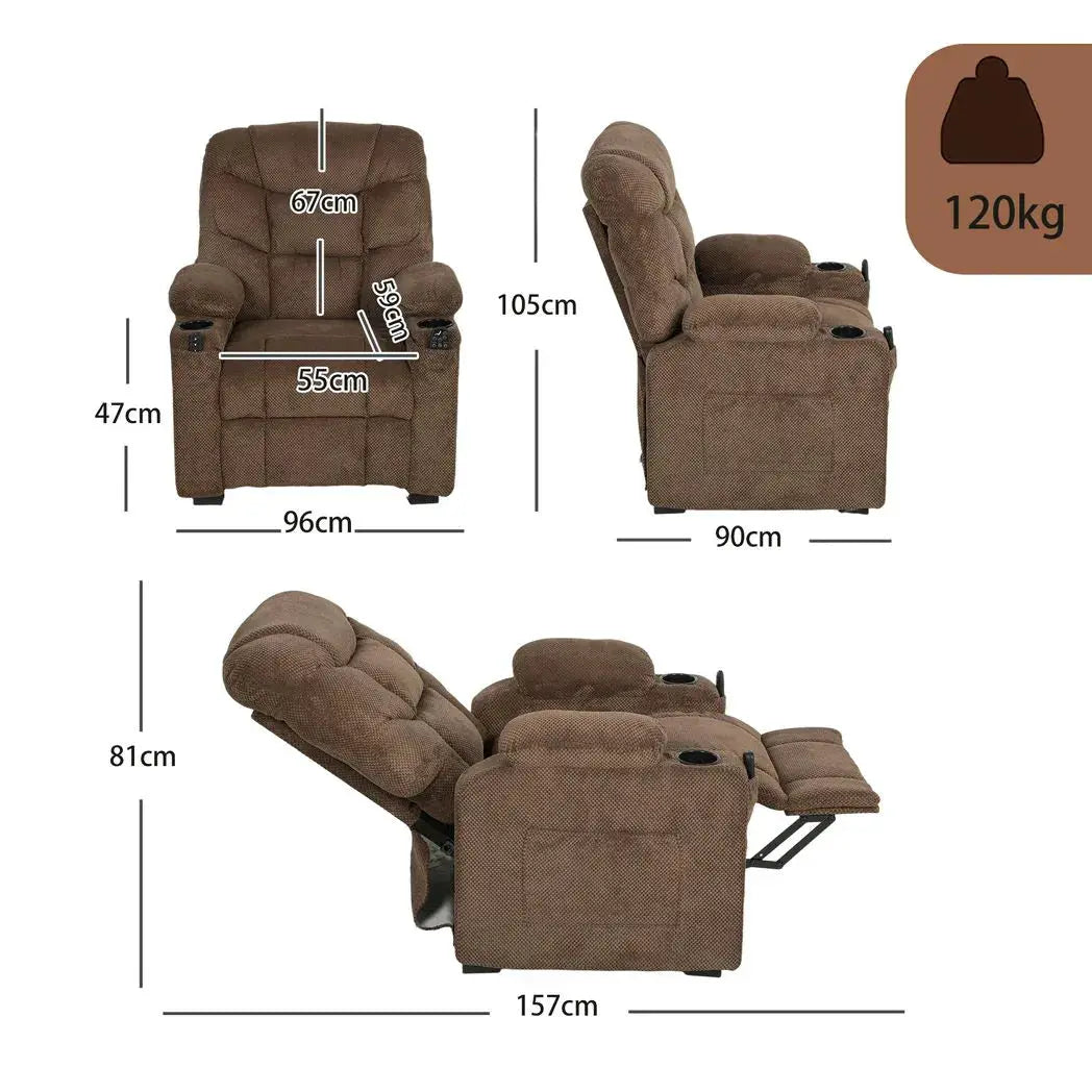 HOMCOM Electric Massage Recliner Armchair with Vibration, Heat, Whisper-Quiet Motor, Memory Function, Fleece Power Reclining Chair with Spring Pack, USB Port, Footrest, Side Pocket, Brown - from HOMCOM
