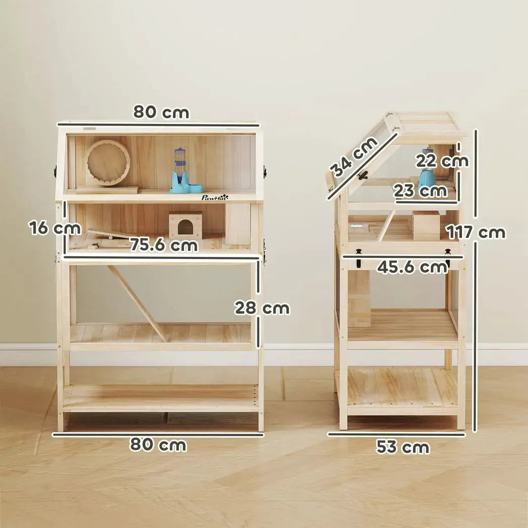 PawHut Wooden Hamster Cage with Detachable Lower Floor, Storage Shelf, Hut, Seesaw, Exercise Wheel, Ramps for Hamster - from PawHut