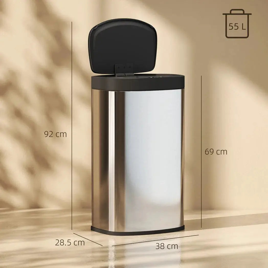 HOMCOM 55L Sensor Bin with Soft-Close Lid, Automatic Touchless Motion Sensor Kitchen Bin with Fingerprint Resistant Stainless Steel for Hygienic Gyms, Home Office Use, Silver Tone - from HOMCOM