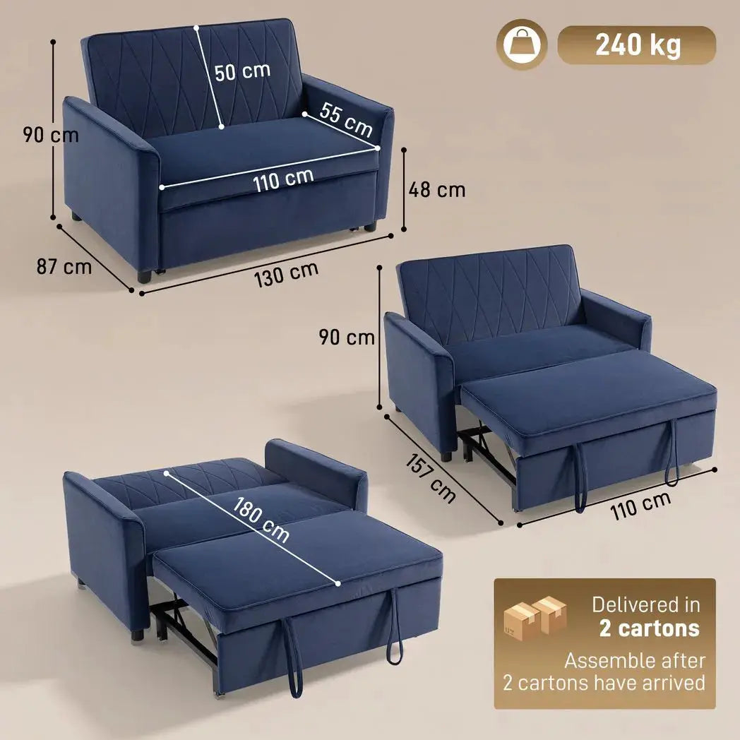 HOMCOM 2 Seater Sofa Bed, 3-in-1 Convertible Pull Out Sleeper Sofa with Click-Clack Adjustable Backrest, Dark Blue - from HOMCOM
