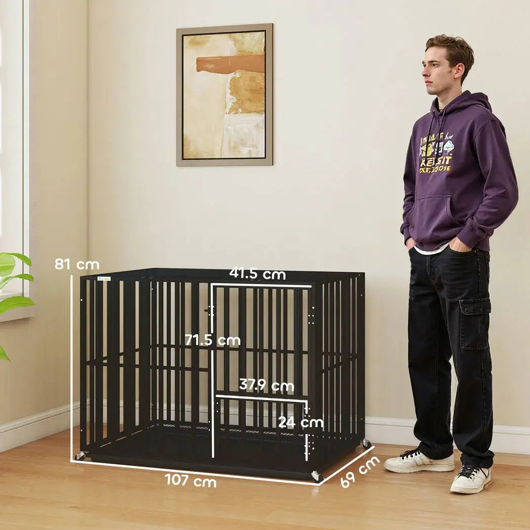 PawHut Heavy Duty Dog Crate, Dog Cage with Wheels for Medium Large Breeds, Metal Pet Kennel with Removable Tray - from PawHut