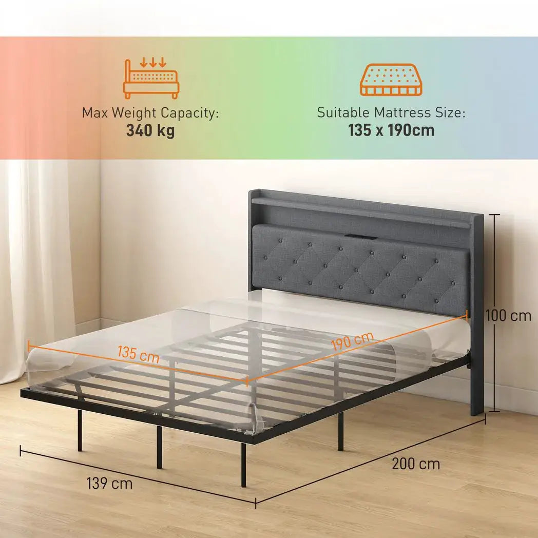 HOMCOM Floating Bed Frame, Upholstered 4ft6 Double Size Bed, Platform Bed with RGB LED Lights and Charging Station, Grey - from HOMCOM