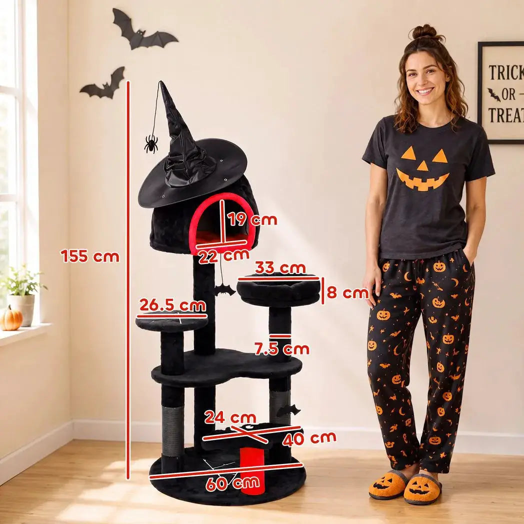 PawHut Gothic Cat Tree, 155cm Cat Tower for Indoor Kittens, Multi-Level Stable Kitten Activity Centre, Black, Halloween - from PawHut