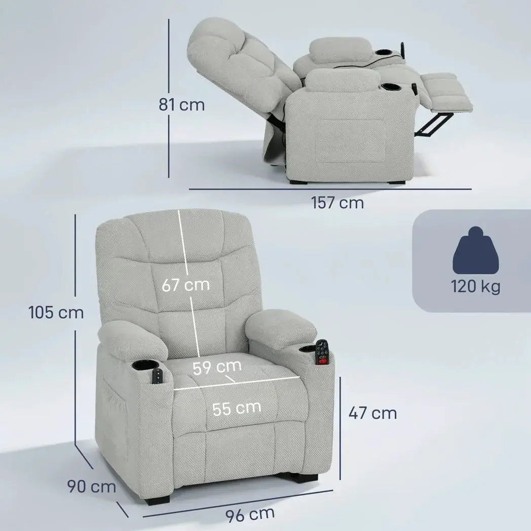 HOMCOM Electric Massage Recliner Armchair with Vibration, Heat, Whisper-Quiet Motor, Memory Function, Fleece Power Reclining Chair with Spring Pack, USB Port, Footrest, Side Pocket, Grey - from HOMCOM