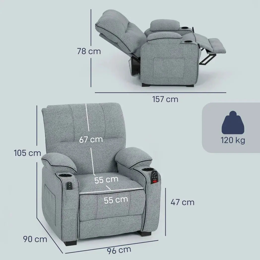 HOMCOM Electric Massage Recliner Armchair with Vibration, Heat, Whisper-Quiet Motor, Memory Function, Velvet Power Reclining Chair with Spring Pack, USB Port, Footrest, Side Pockets, Cup Holders, Grey - from HOMCOM